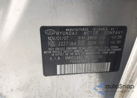 2008 Hyundai Elantra Gls/Se from USA, damaged, VIN KMHDU46D78U356596